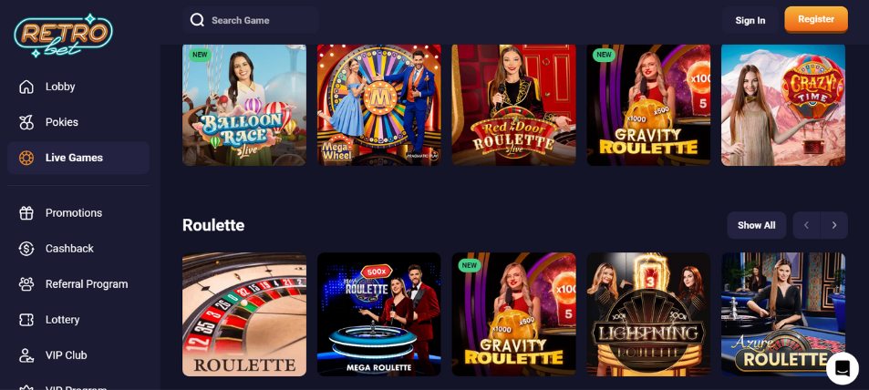 RetroBet Casino Live Dealer Games