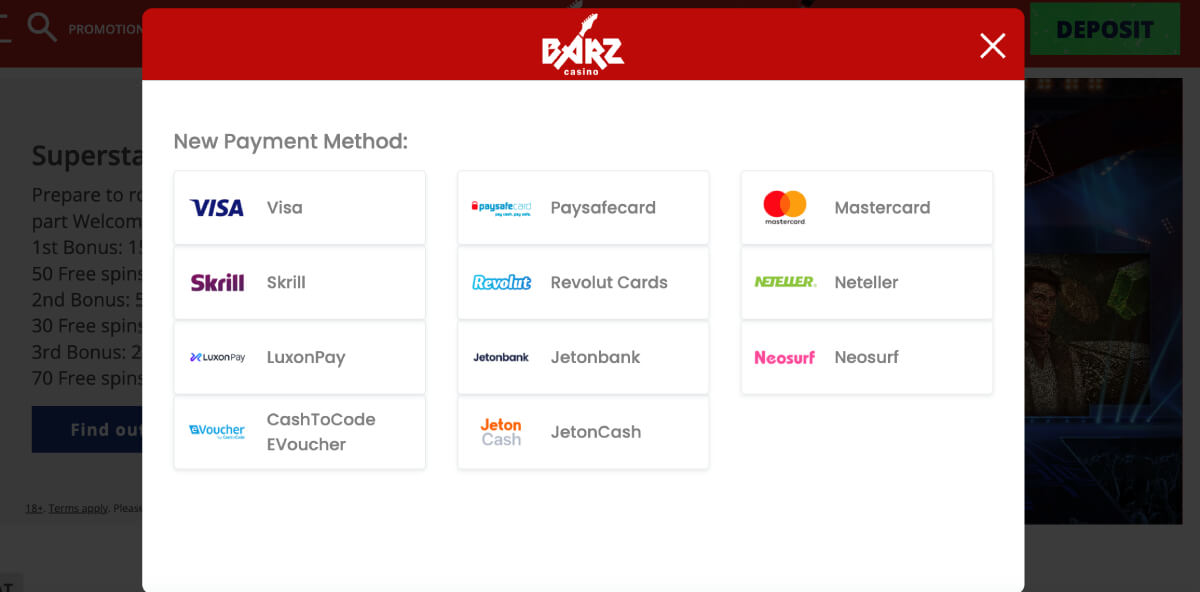 barz casino payment methods